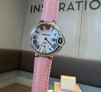 Cartier Ballon Bleu De 33mm Swiss Quarts Movement Cowhide Leather Strap Silver Case Watch